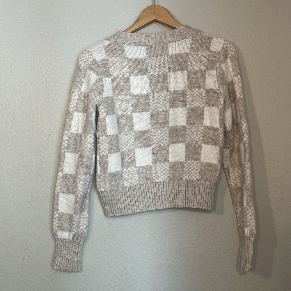 Sincerely Jules Small Oatmeal Cropped Cardigan Sweater Button Front Checker - Picture 6 of 8